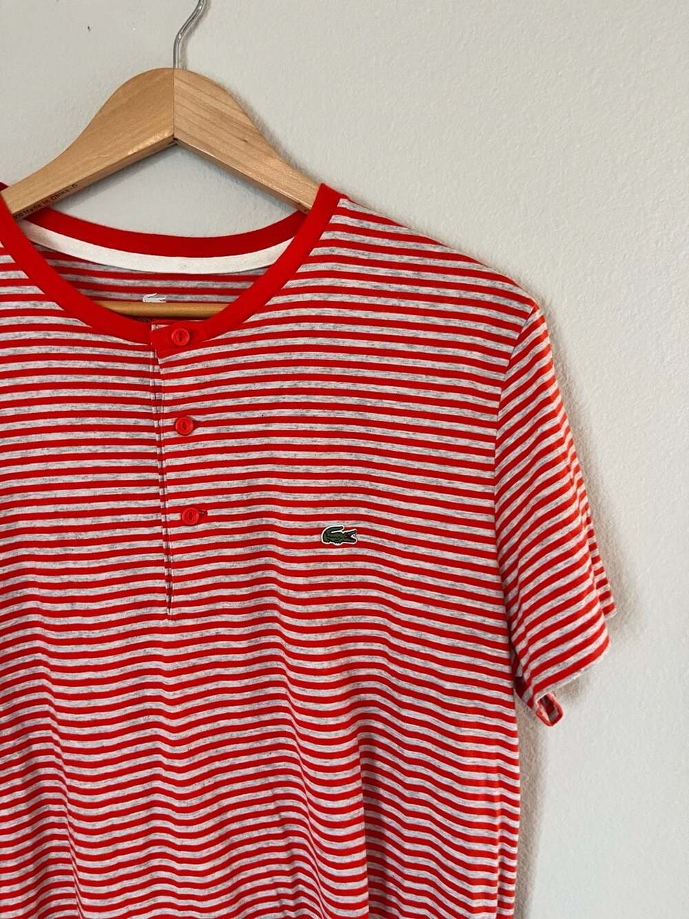 Lacoste, Short Sleeve Henley, Red Stripes, Embroidered Logo, Medium